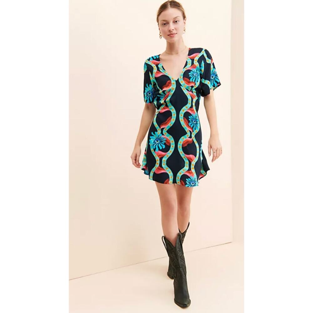 KINGA CSILLA Lopez Tulip Mini Dress Women's Size Small NWT Black Pink Blue Funky